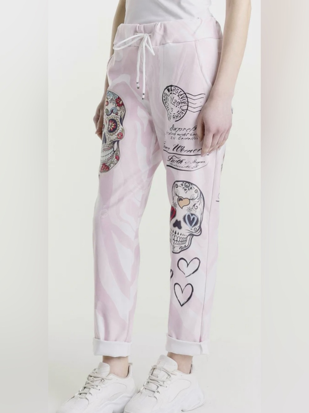 Light Pink Joggers with Colorful Sugar Skull Art